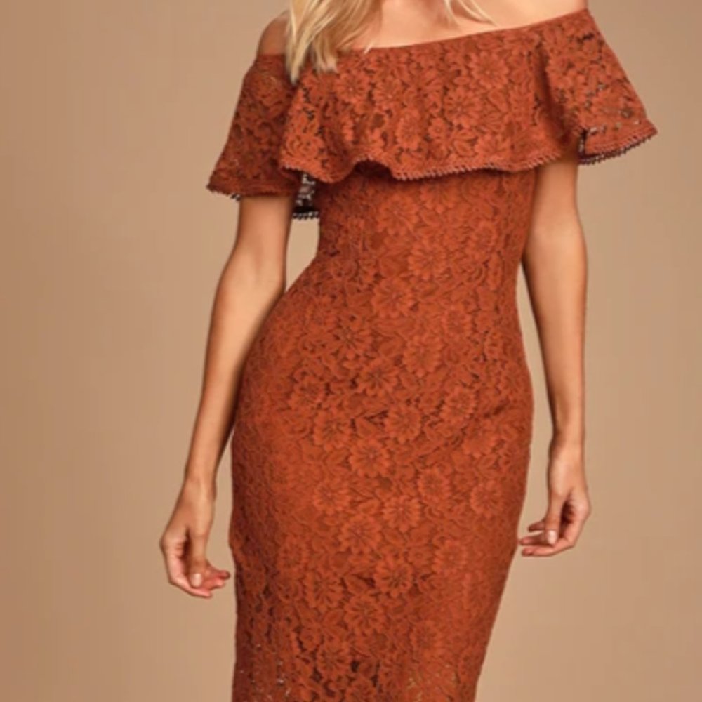 Lulu's Lanie Rust Orange Lace Off-The-Shoulder Bodycon Midi Dress - XS